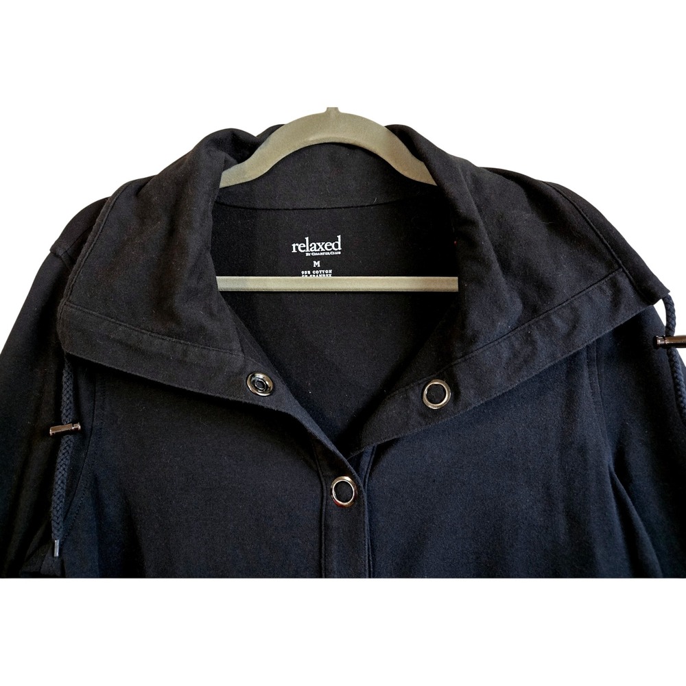 Charter Club Relaxed Black Funnel Neck Snap Front Jacket Tab Sleeve Womens M - Picture 2 of 9